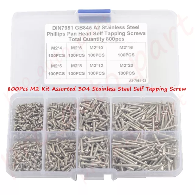 800Pcs M2 Kit Assorted 304 Stainless Steel Self Tapping Screw Phillips Pan Head