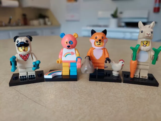 Lego Minifigures Costume Lot of 4 w/ Accessories Llama Pug Fox Rainbow Bear