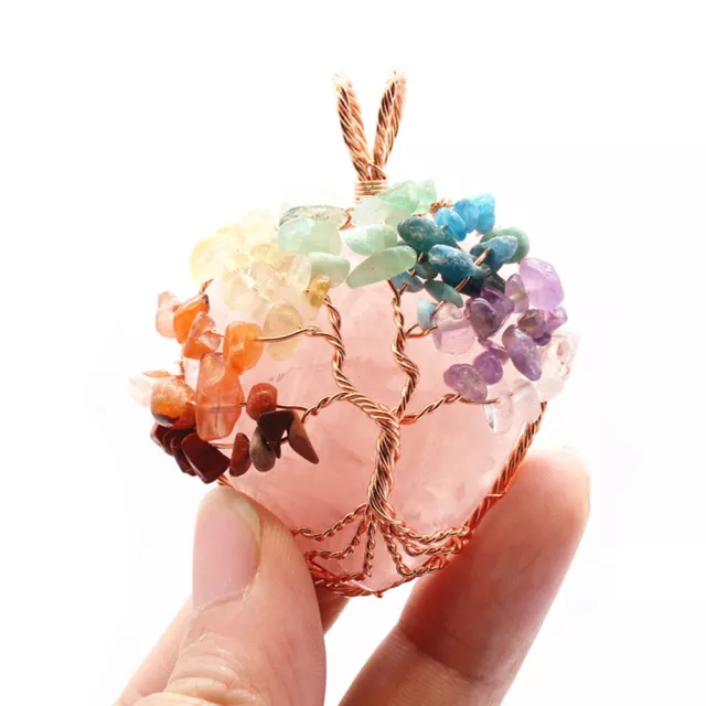Tree of Life Heart Necklace Natural Crystal Wire Wrapped Quartz Stone Pendant