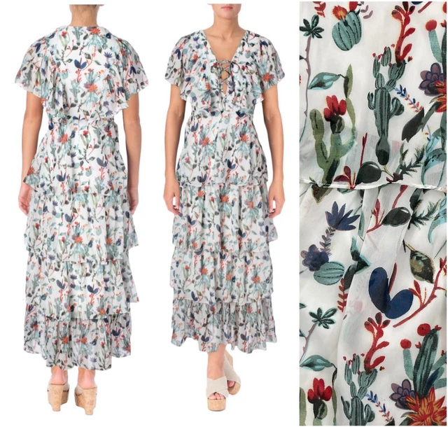Walter Baker Sandra Chiffon Floral Print Maxi Dress Cactus Ruffle Women Size 8