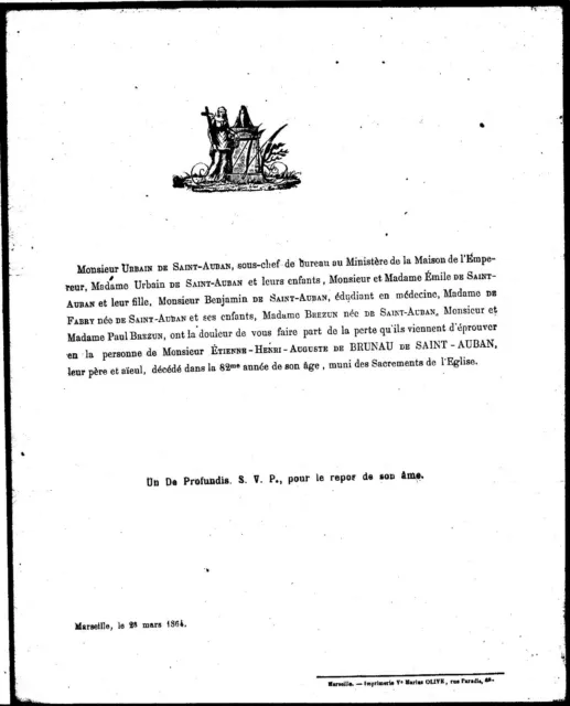 1864 Faire-part décès Étienne-Henri-Auguste de BRUNEAU de SAINT-AUBAN Marseille.