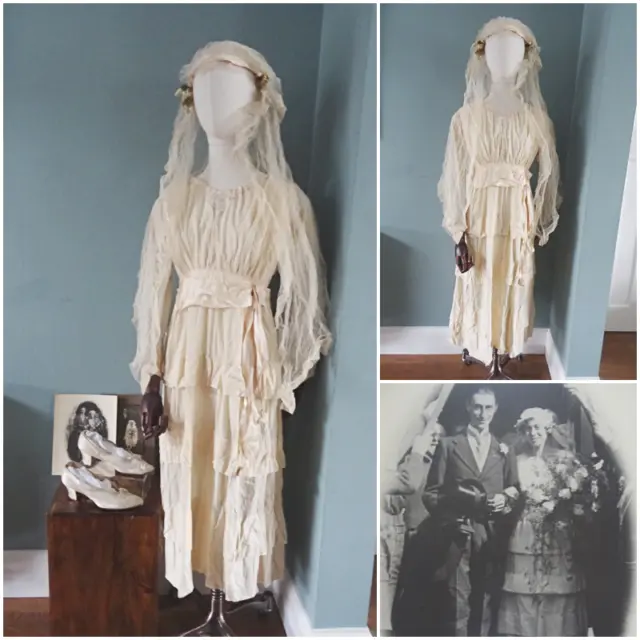 Antique Wedding Dress Gown 1920s Bride Wax Blossom Headdress Veil Shoes Photos