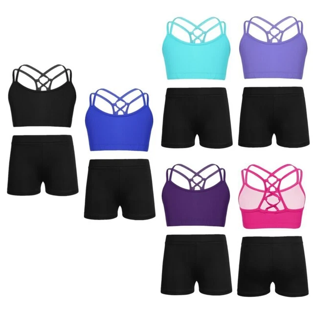 Kids Girls Ballet Dance Outfit Crop Top+Boy-cut Shorts Set Workout Activewear