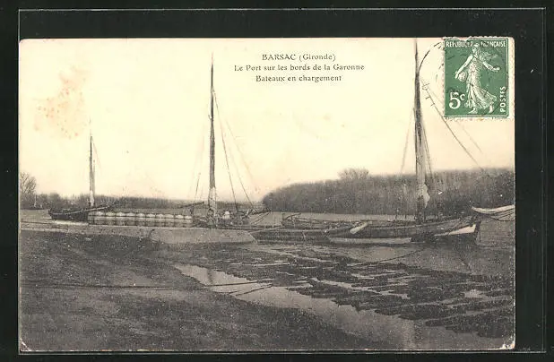 CPA Barsac, Le Port sur les bords de la Garonne Bateaux en chagement 1907