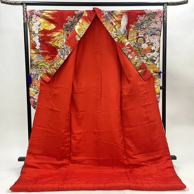 Japanese Kimono Uchikake Luxurious Wedding Embroidery Pure Silk Crane Red K461 3