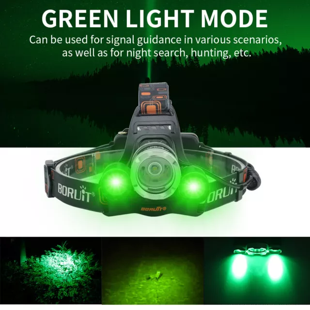 BORUiT RJ-3000 Rechargeable LED Headlamp Green Light Hunting Fishing Torch Lamp