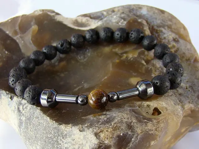 Mens Women Natural Tiger Eye Lava Stone Beads Bracelet Fear Anxiety Healing Gift