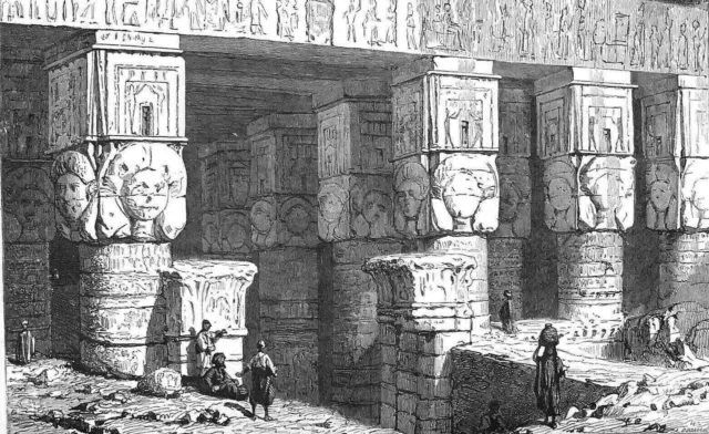 EGYPTE: Vue de l'entrée du TEMPLE de DENDERAH au 19eme siècle - Gravure du 19e