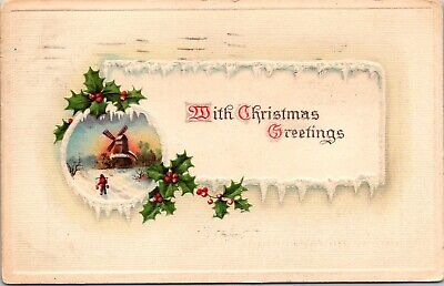Christmas Greetings Snowy Windmill Scene Holly Icicles c1913 Embossed Postcard