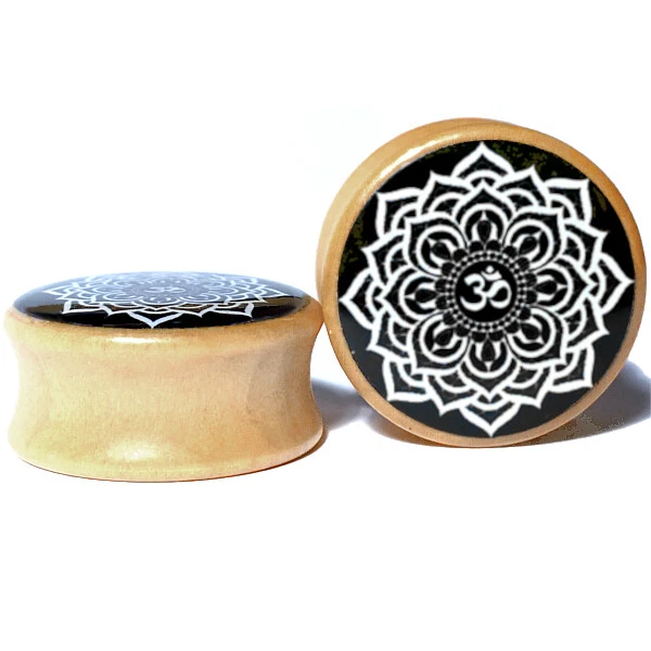 Pair Wood Handmade Ear Plugs - Organic Gauges Flesh Tunnels Earrings OM Mandala 2