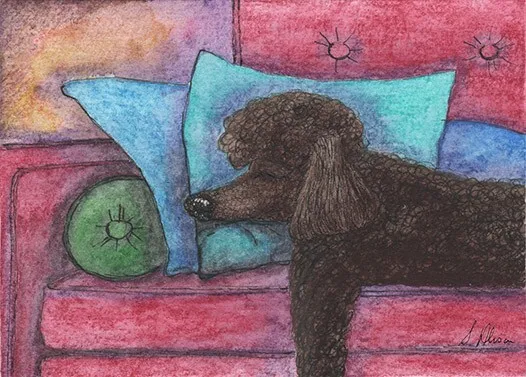 orig ACEO brown poodle mini painting by Susan Alison dog-tired sleeping on sofa