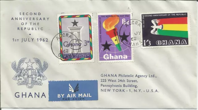 Ghana  1962   Second 2nd Anniversary Republic  Accra to New York  FDI FDC  Cover