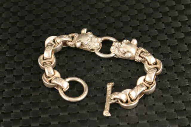 OrientalCollect old tibet silver hand carved two dog head figure statue bracelet
