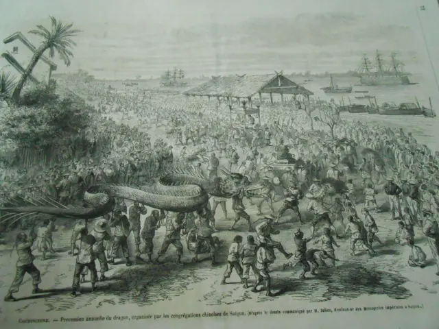 Gravure 1865 - Cochinchine procession annuelle du Dragon Saïgon