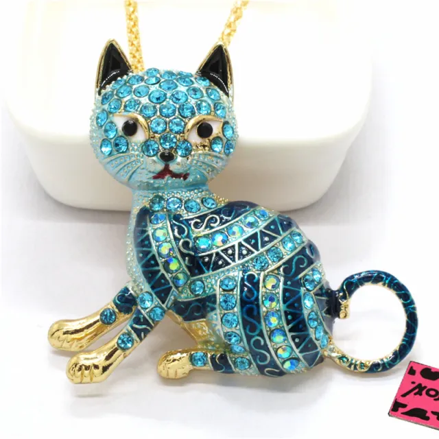 Fashion Women Blue Bling Cute Cat Animal Crystal Pendant Sweater Necklace
