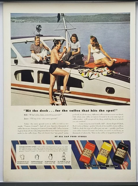 1941 Eight O'Clock Coffee Hit The Deck Boat On Lake WWII Era Color Print Ad
