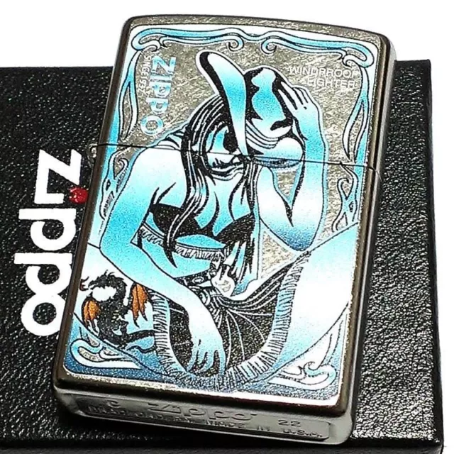 Zippo Oil Lighter Cowgirl Western Hat Sexy Girl Dragon Tattoo Silver Blue Japan 2