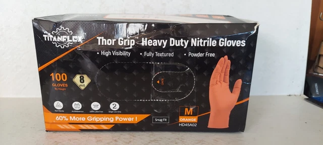 Thor Grip Heavy Duty Industrial Orange Nitrile Gloves 100pc Size Medium 8 Mil.