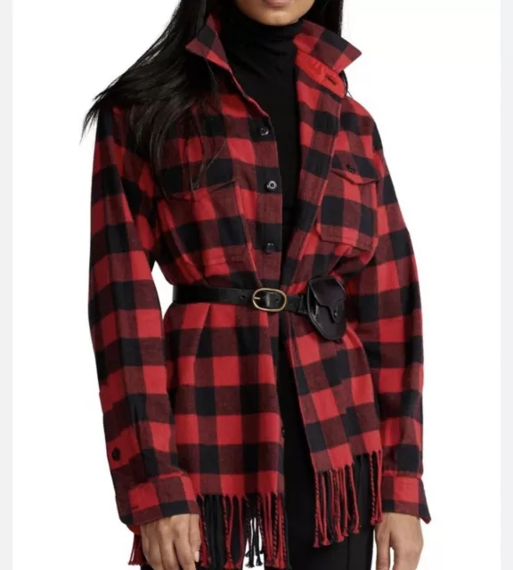 Polo Ralph Lauren Women’s Red Black Fringe Flannel Shirt Jacket Size XL NWT