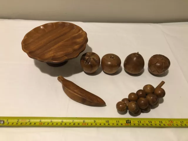 Vintage Hand Carved Wooden Bowl Pedestal & Fruit Monkey Pod Philippines MCM