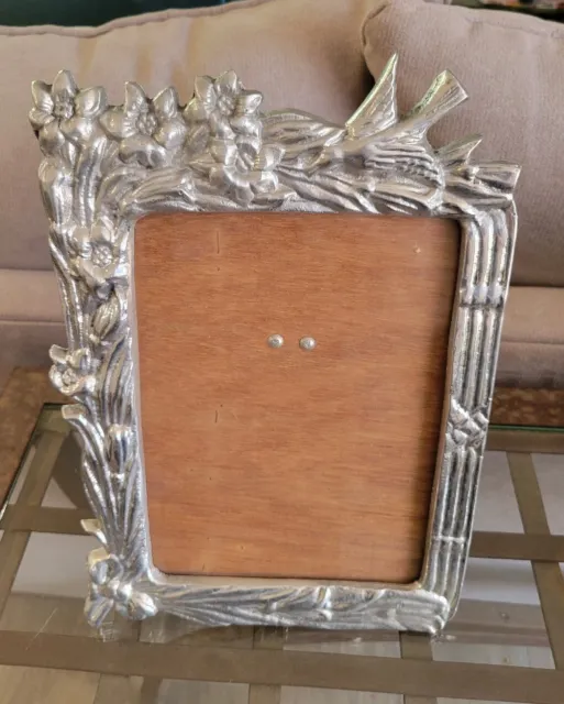 Gorgeous Vintage Mexican Pewter Silver Picture Frame Bird Floral Wood 7 × 9"