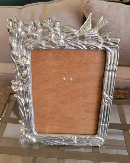 Gorgeous Vintage Mexican Pewter Silver Picture Frame Bird Floral Wood 7 × 9"