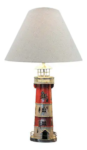 Lampe-Leuchtturm, rot/beige, E27, Metall, H: 55cm, Ø: 30cm, mit Lampenschirm