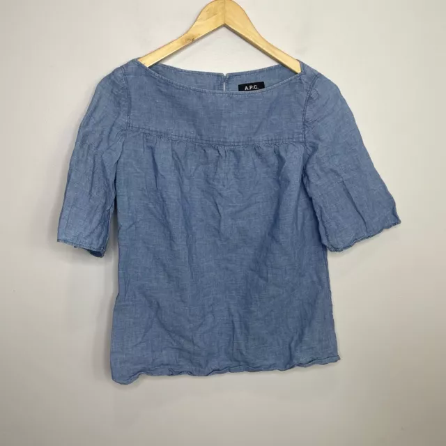 APC Women’s Linen Cotton Blend Blue Pullover Blouse Shirt Sz 36 2