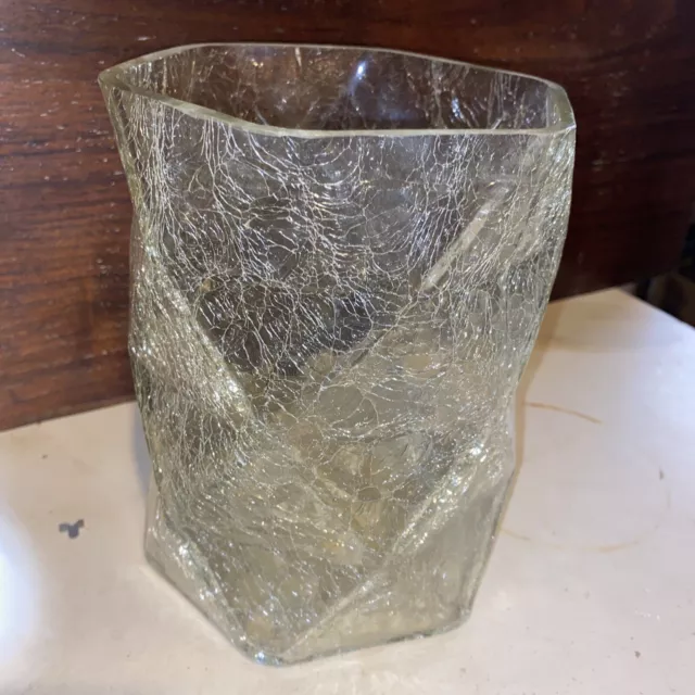Geometric Thick  Heavy Art Glass Clear Crackle Finish Vase 7x5 Deco Modern