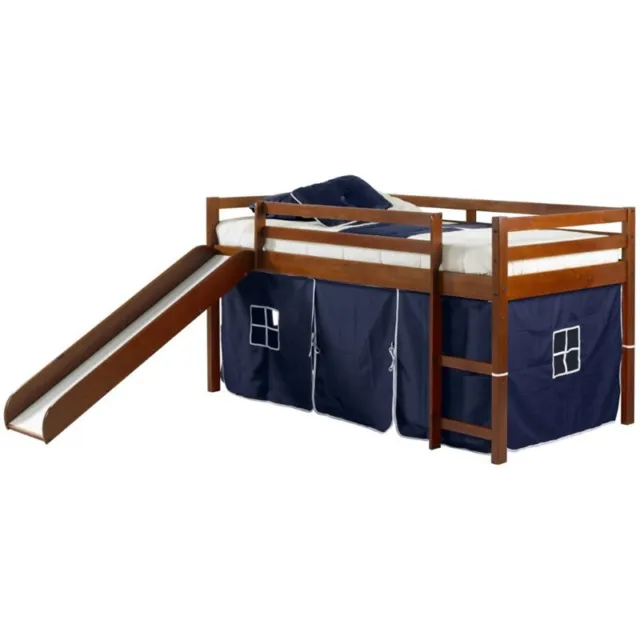 Donco Kids Twin Solid Wood Mission Low Loft Bed with Blue Tent in Espresso