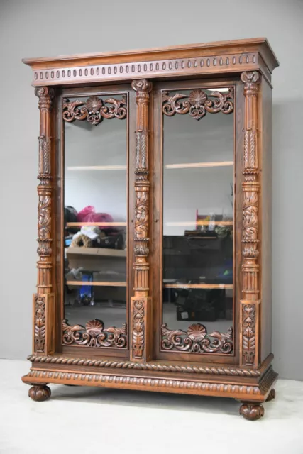 Anglo Indian Carved Rosewood Glazed Cabinet Bookcase