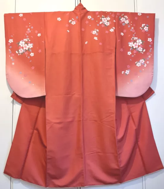 Kimono Vintage Giapponese Furisode Seta Dipinti Fiori Sakura Arancione Rosa 145cm