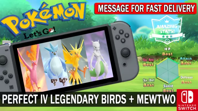 Pokemon Let's GO Shiny Perfect IV Legendary Birds + Mewtwo