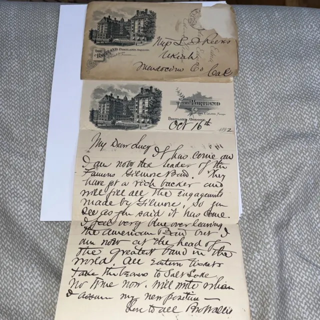 Antique 1892 Letter: The Portland Hotel Stationary Letterhead - OR Oregon