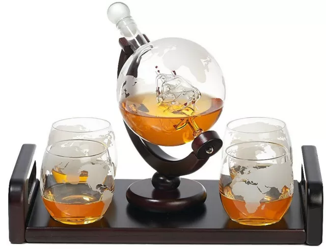 Elegant Globe Whiskey Decanter + 4 Matching Glasses + Easy-to-carry Wooden Tray