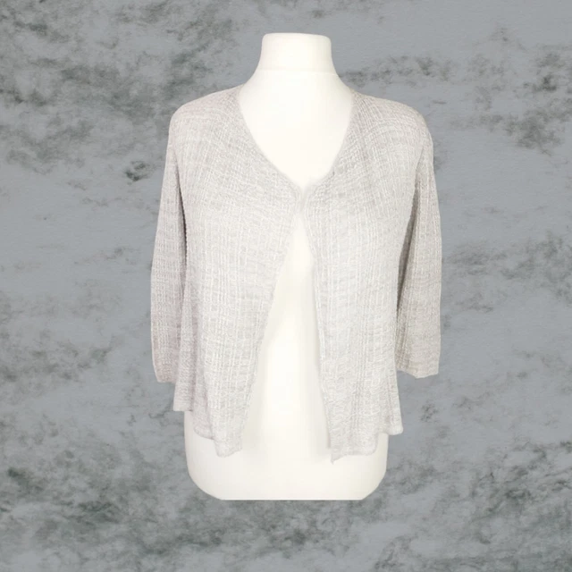 Eileen Fisher grau Bio Leinen Strick Strick Strickjacke UK 14-16 3/4 Ärmel offene Vorderseite