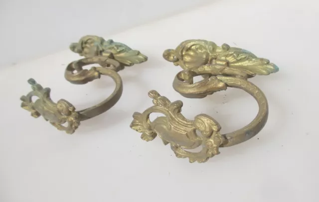 Antique Brass Curtain Tie Backs Hooks French Old Victorian Rococo Leaf Vintage