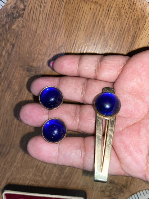 Vintage ANSON  Cufflinks & Tie Bar Blue Jelly Cabochon
