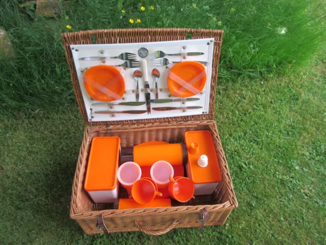 Vintage retro Welware orange plastic picnic ware Aladdin flasks in wicker hamper