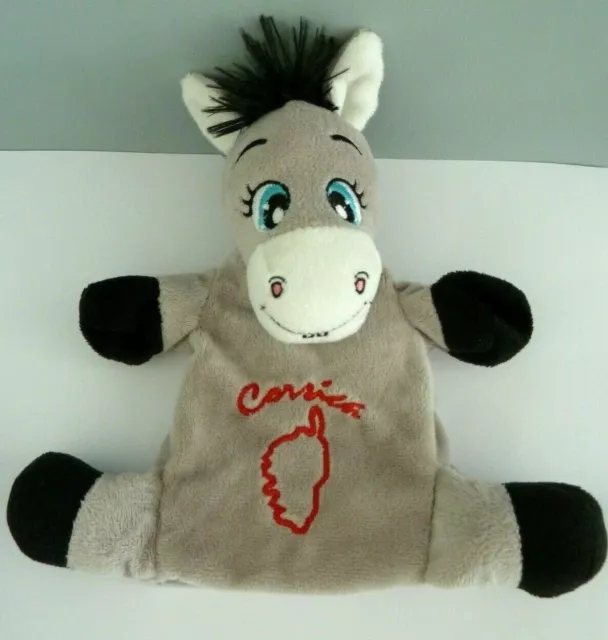 29- Doudou Marionnette Ane Corsica Gris Noir Rouge Yeux Bleu - Excellent Etat