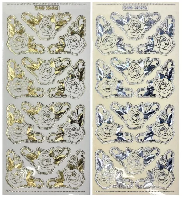 Embossed ROSE CORNERS Peel Off Stickers Gold or Silver on Clear Flowers