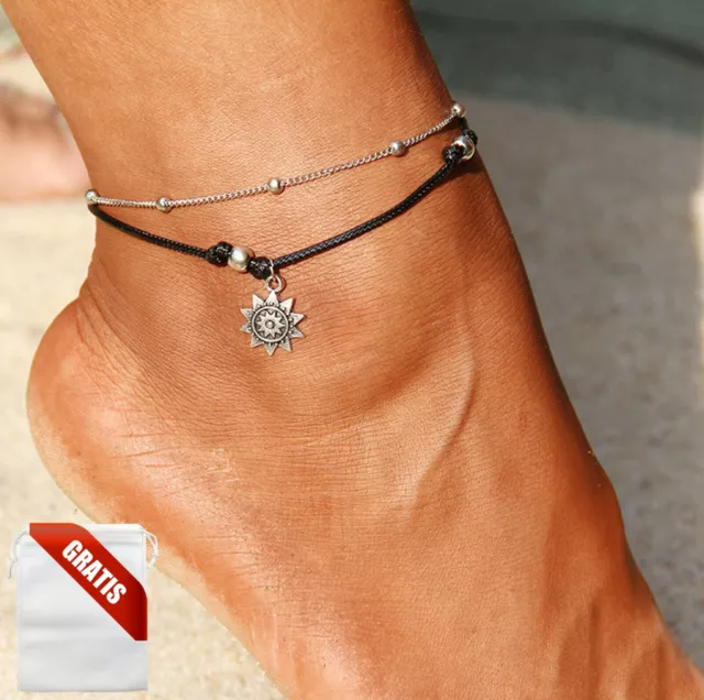 Fußkettchen Damen Silber Sonne Weiß Fußkette Schwarz Fusskette Schmuck Geschenk