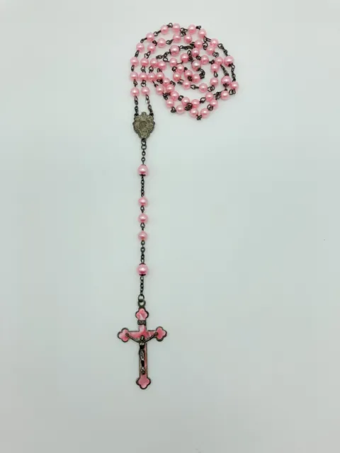 VTG Pink Enamel Cross & Resin Beaded Rosary Catholic Crucifix Retro Prayer Beads