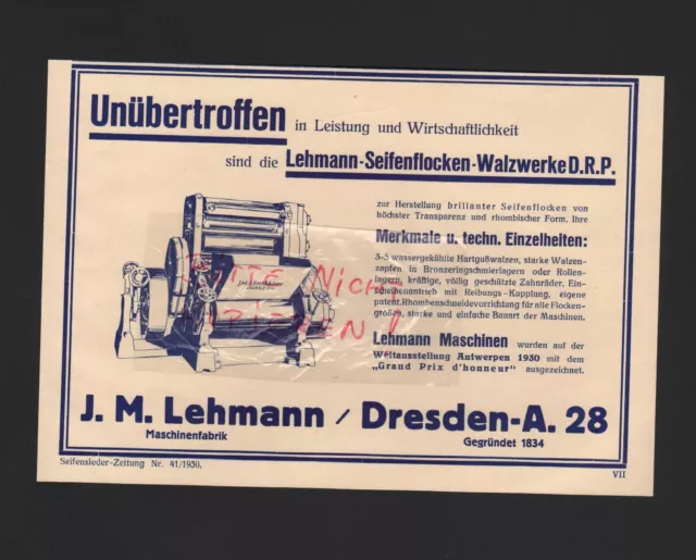 DRESDEN, Werbung 1930, J. M. Lehmann Seifen-Flocken-Walzwerke