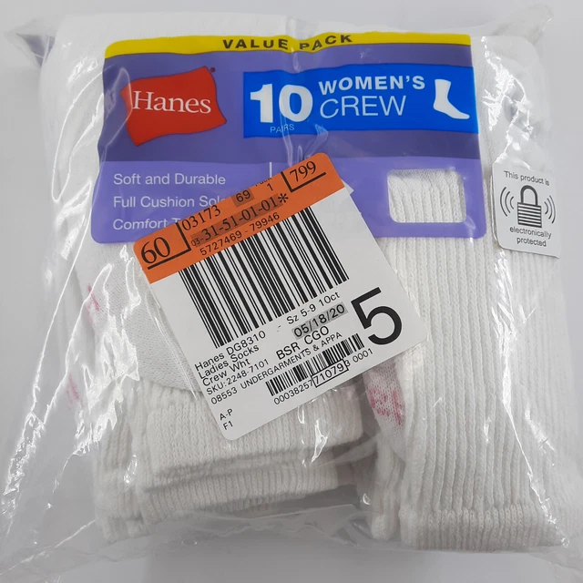 Hanes Socks White Women's 5-9  Cool Comfort 10 Pack Cushioned Crew Athletic NIP