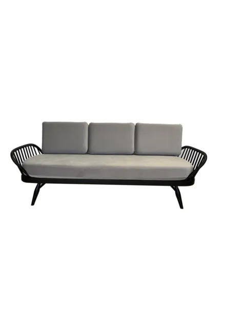 Ercol Originals Studio Couch in BLACK Finish & Fabric C728 Pale Grey   RRP £3500