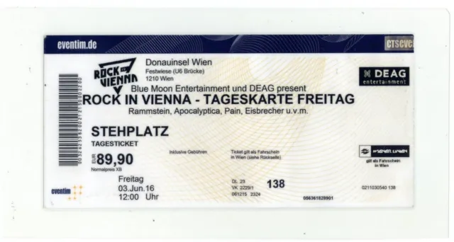 Rock in Vienna - Altes Konzert-Ticket Wien vom 03.06.2016 laminiert siehe Bild