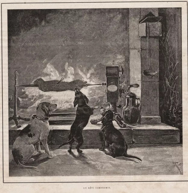 Dog Dachshund Steals Dinner While Foxhound Watches, Teckel 1880s Antique Print
