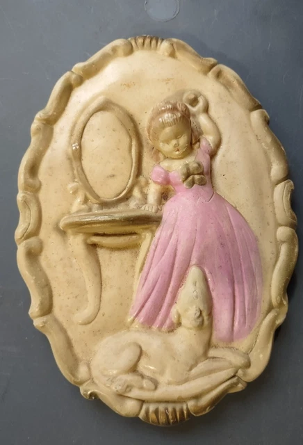 Vintage 1950 Midcentury Chalkware Plaster 3d Girl Wall Plaque With Dog