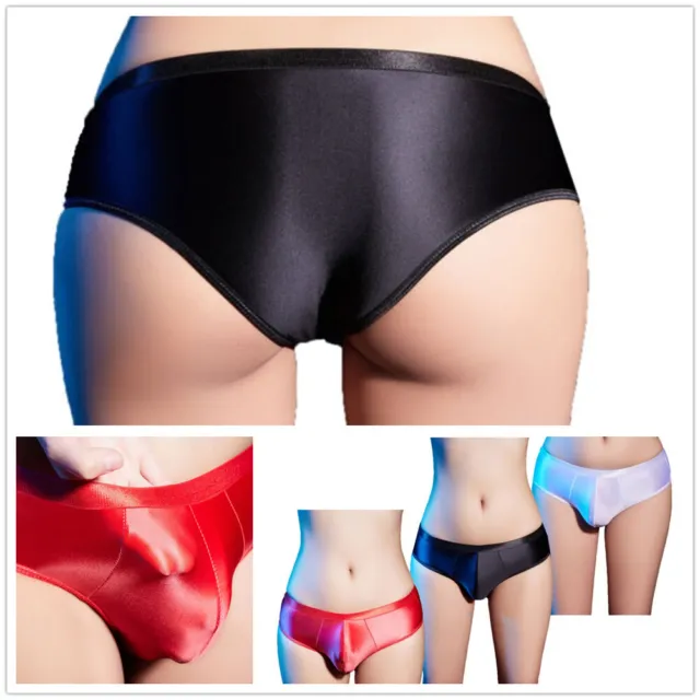 Men Low Rise Shiny Briefs Underwear Oil Silk Glossy Thong Pouch Panties Swimsuit